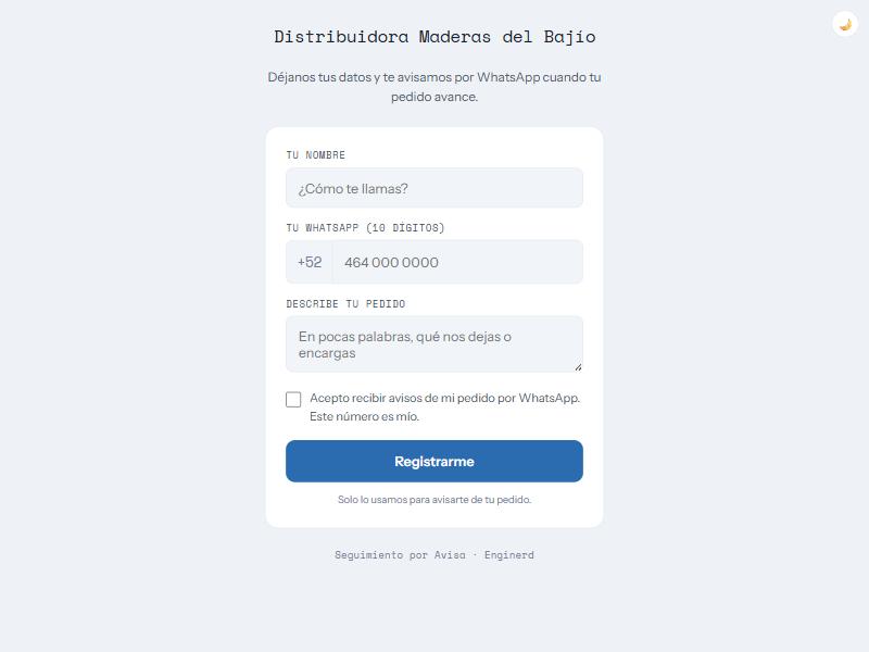 Página donde el cliente se registra