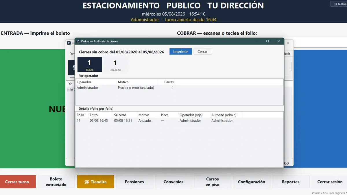 Auditoría de anulaciones y turnos en Parkea