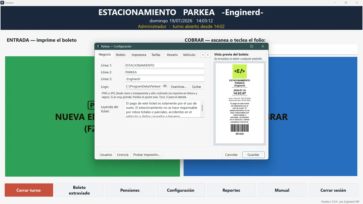 Configuración del negocio en Parkea