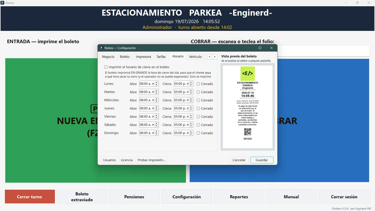 Configuración de horarios en Parkea