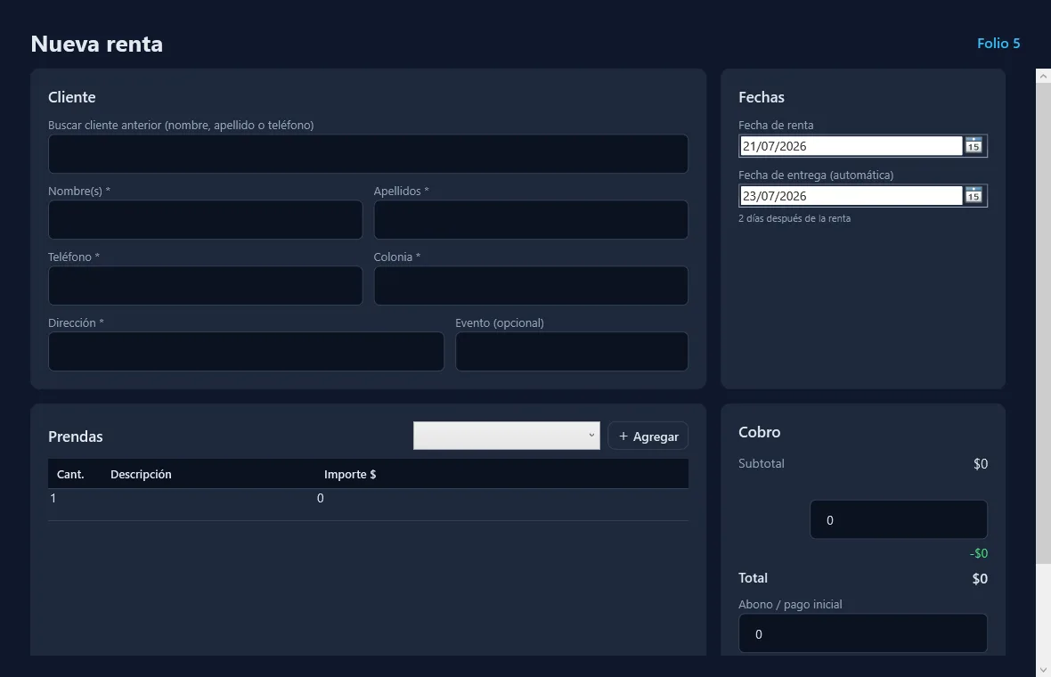 Pantalla Nueva renta de Rentea: datos del cliente, fechas de renta y entrega, prendas y cobro con abono