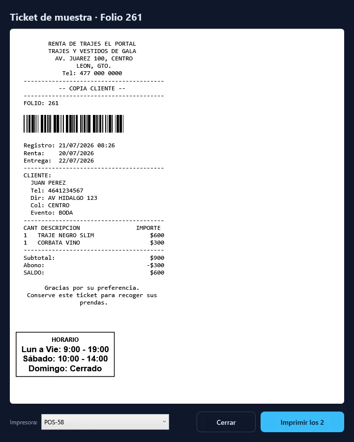 Ticket de renta impreso