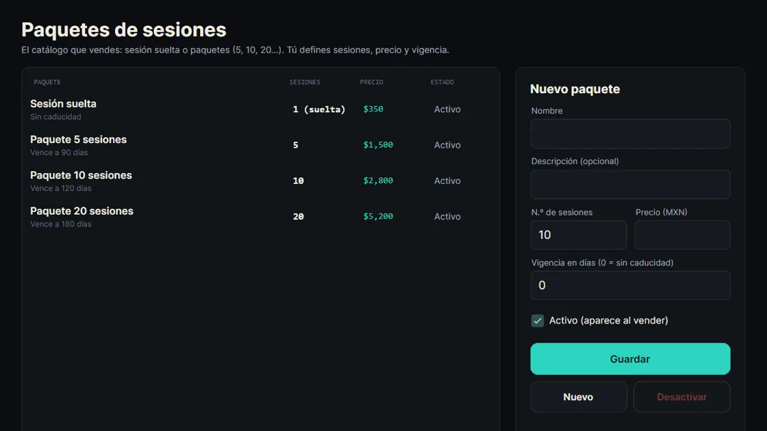 Catálogo de paquetes por sesión en Sana